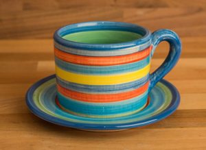 Horizontal stripey small cup and saucer in Blue