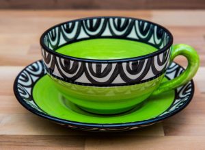 Aztec cup and saucer in lime green
