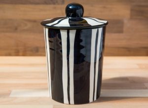 Black and White tea caddy in Broad Stripe