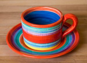 Horizontal stripey small cup and saucer in Red