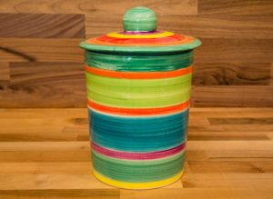 horizontal stripey storage jar in Green